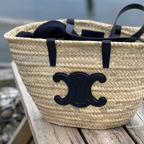 CELINE Unisex Calfskin Blended Fabrics Leather Logo Straw Bags
