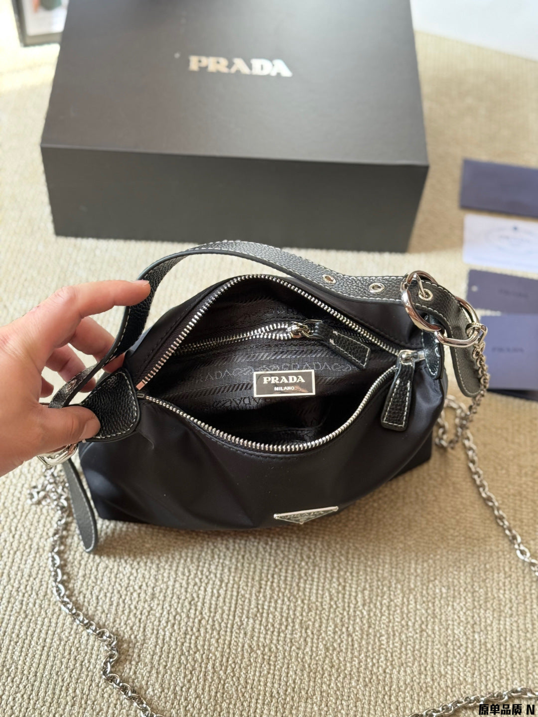 Prada Black Tote Bag Leather Shoulder Strap Vintage 25x14cm