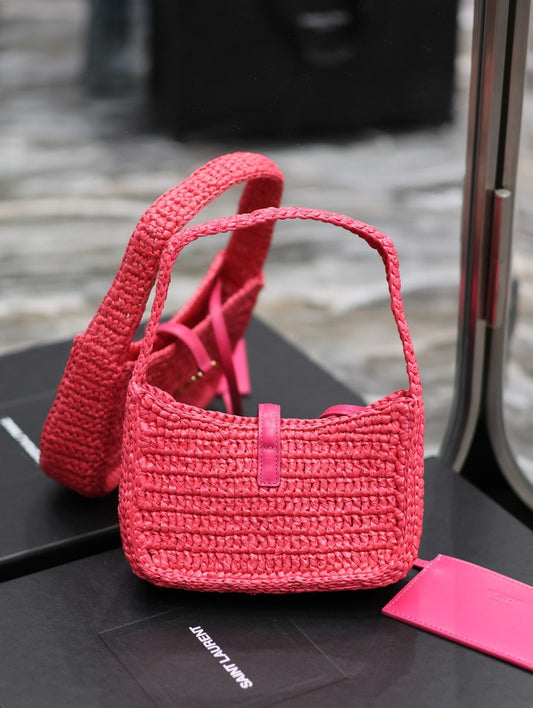 YSL Le 5 À 7 Mini In Raffia Pink - 19 X 11.5 X 4.5 CM