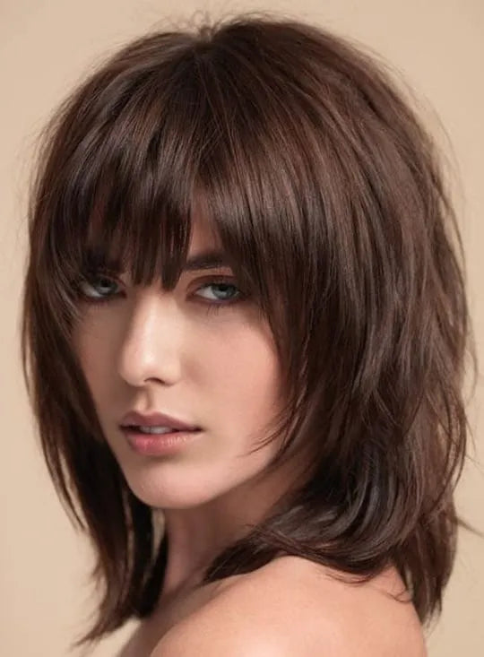Layered Shag Hairstyle with Full Fringe Middle Length Synthetic Capless Women Wigs