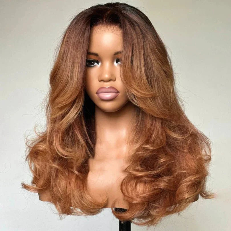 Charming Layered Mid-part Human Hair with Curtain Bangs