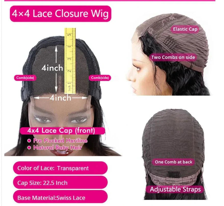 Deep Wave 4*4 Transparent Lace Closure Wigs