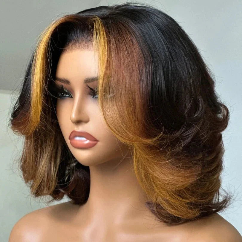 Highlights Layered Cut Bob Wig Mid-part Loose Wave Lace Wig