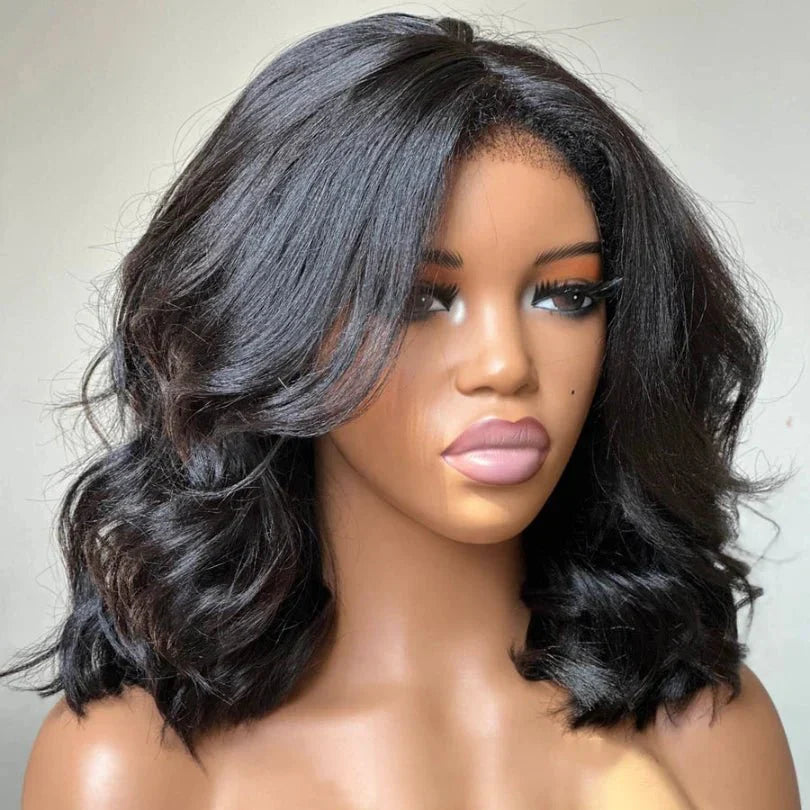 Natural Black Short Layered Wave Bob Wigs