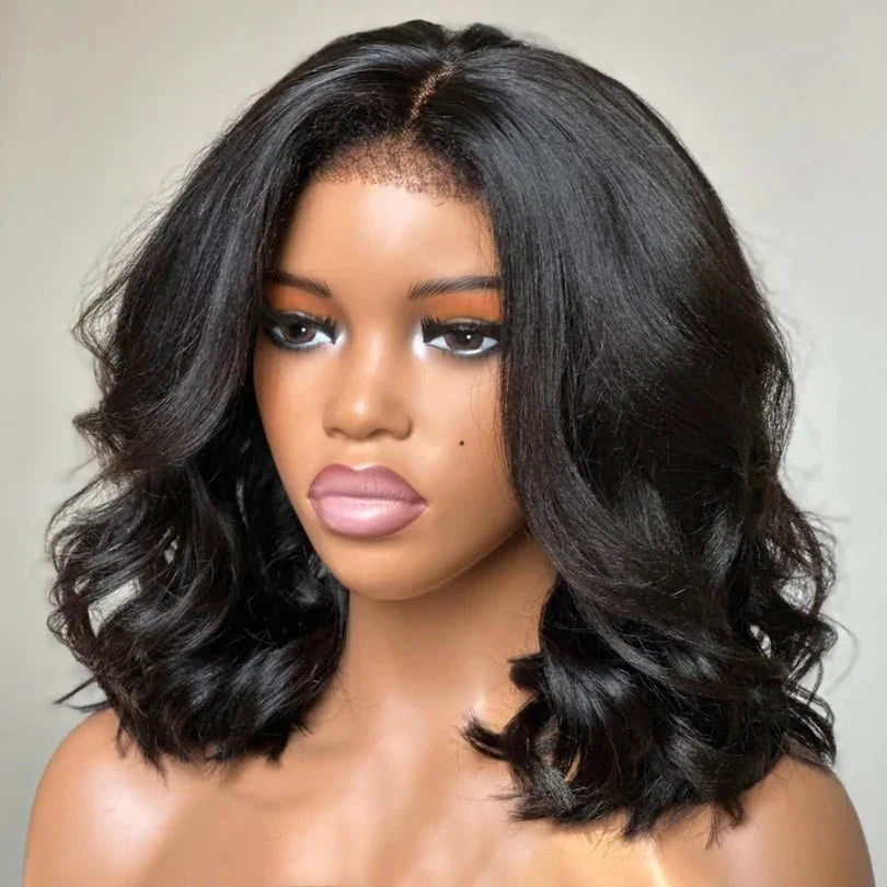 Natural Black Short Layered Wave Bob Wigs