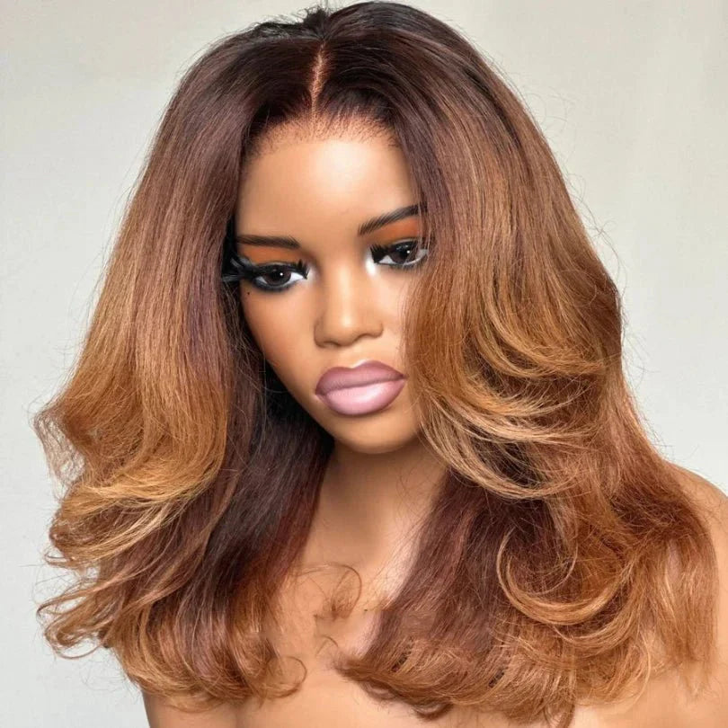 Ombre Brown Layered Cut Wigs Mid-part Lace Front Wig