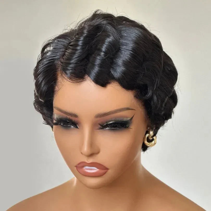 Retro Style Pixie Cut Finger Wave Wigs in Jet Black