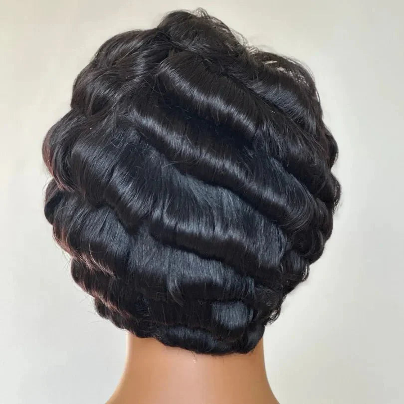 Retro Style Pixie Cut Finger Wave Wigs in Jet Black