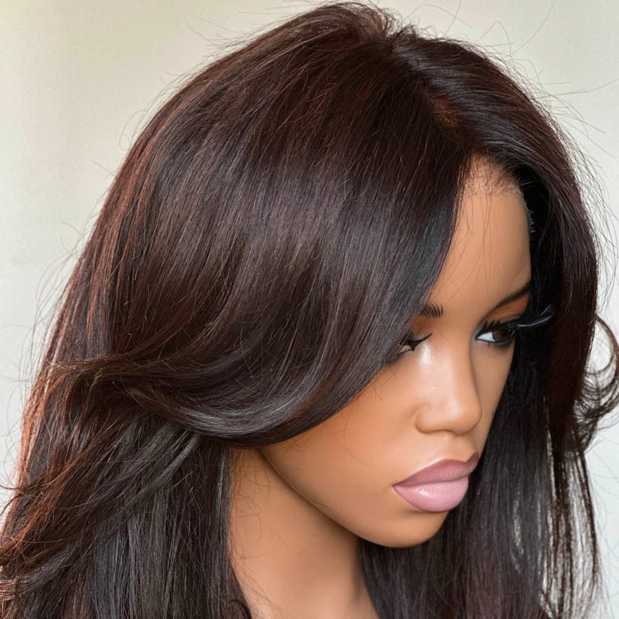 Shoulder Length Layered Wavy Wigs With Curtain Bangs