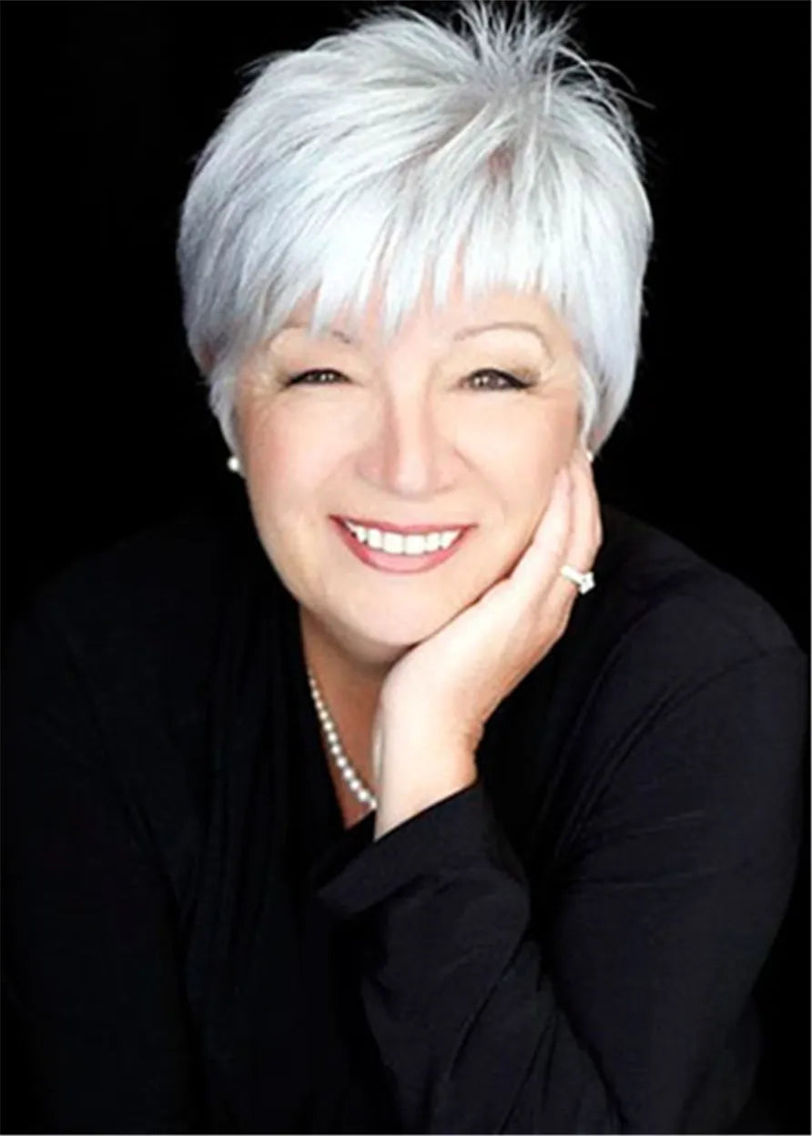 Pixie Haircuts For Older Women Natural Straight Human Hair Wigs 6Inches