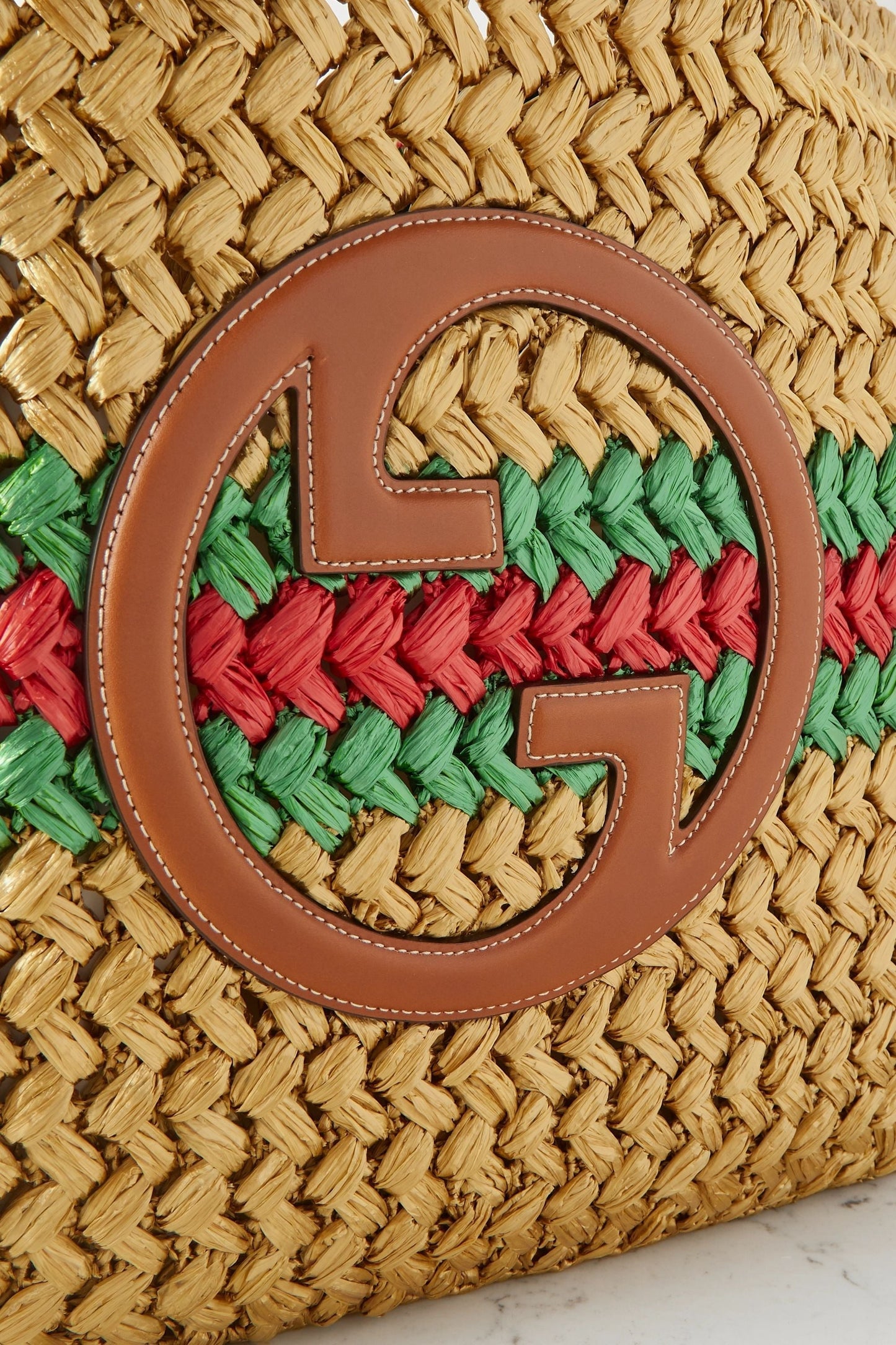 GUCCI Embellished leather-trimmed metallic crocheted raffia tote