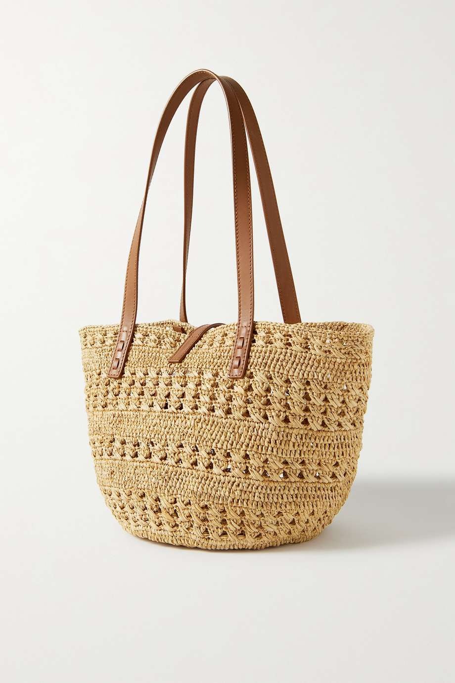 SAINT LAURENT Panier small leather-trimmed raffia tote