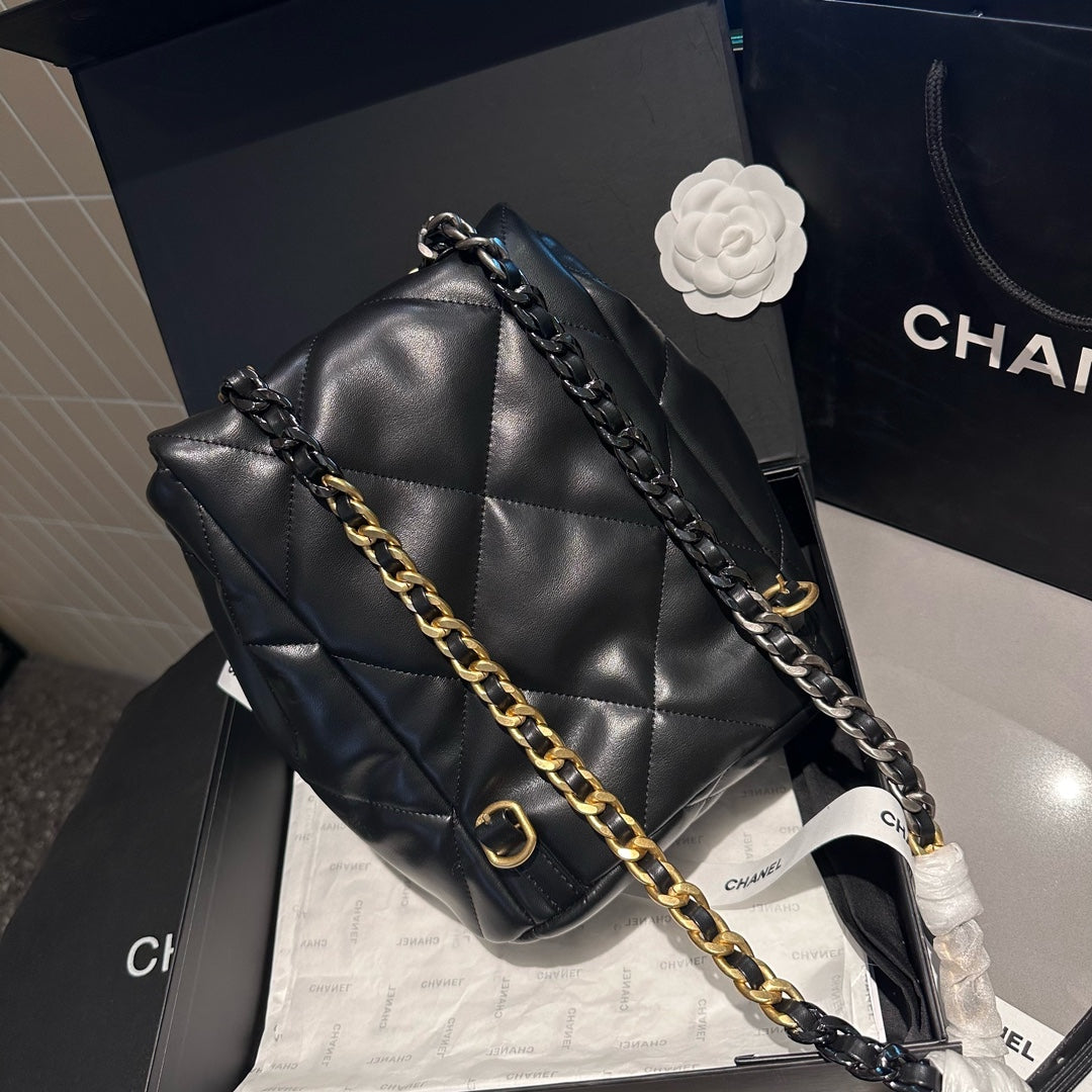 CHANEL 24C Black Lambskin Quilted 19 Flap Backpack Mixed Hardware