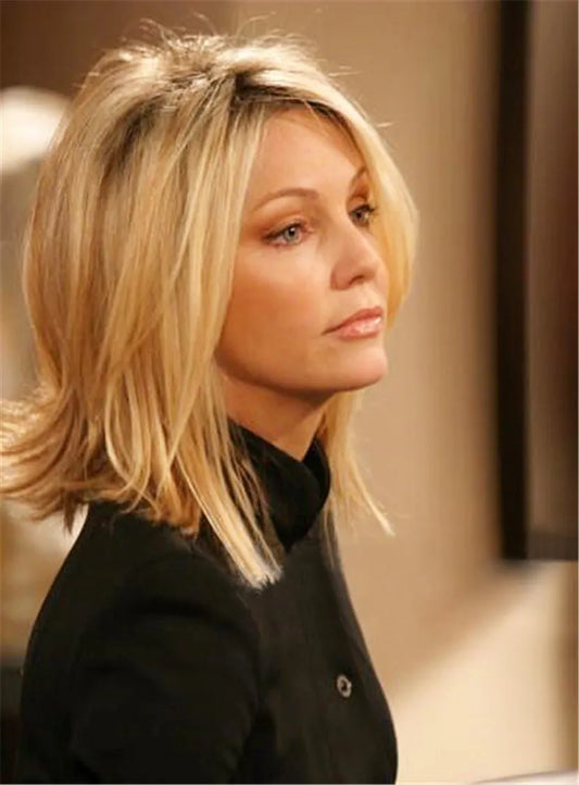 Locklear One Side Part Blonde Straight Layered Synthetic Hair Fringe Of Bangs Lace Front Wigs 14 Inches