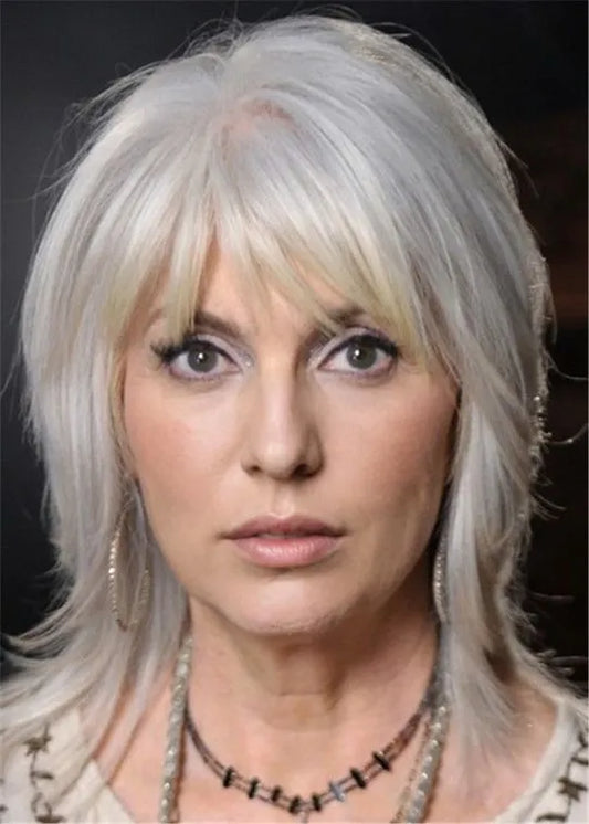 Silver Layler Haircut Medium Natural Wavy Human Hair Wig 16 Inches