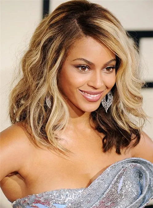 Beyonce Wavy Lob Hairstyle Medium Full Lace Human Hair Wig 14 Inches