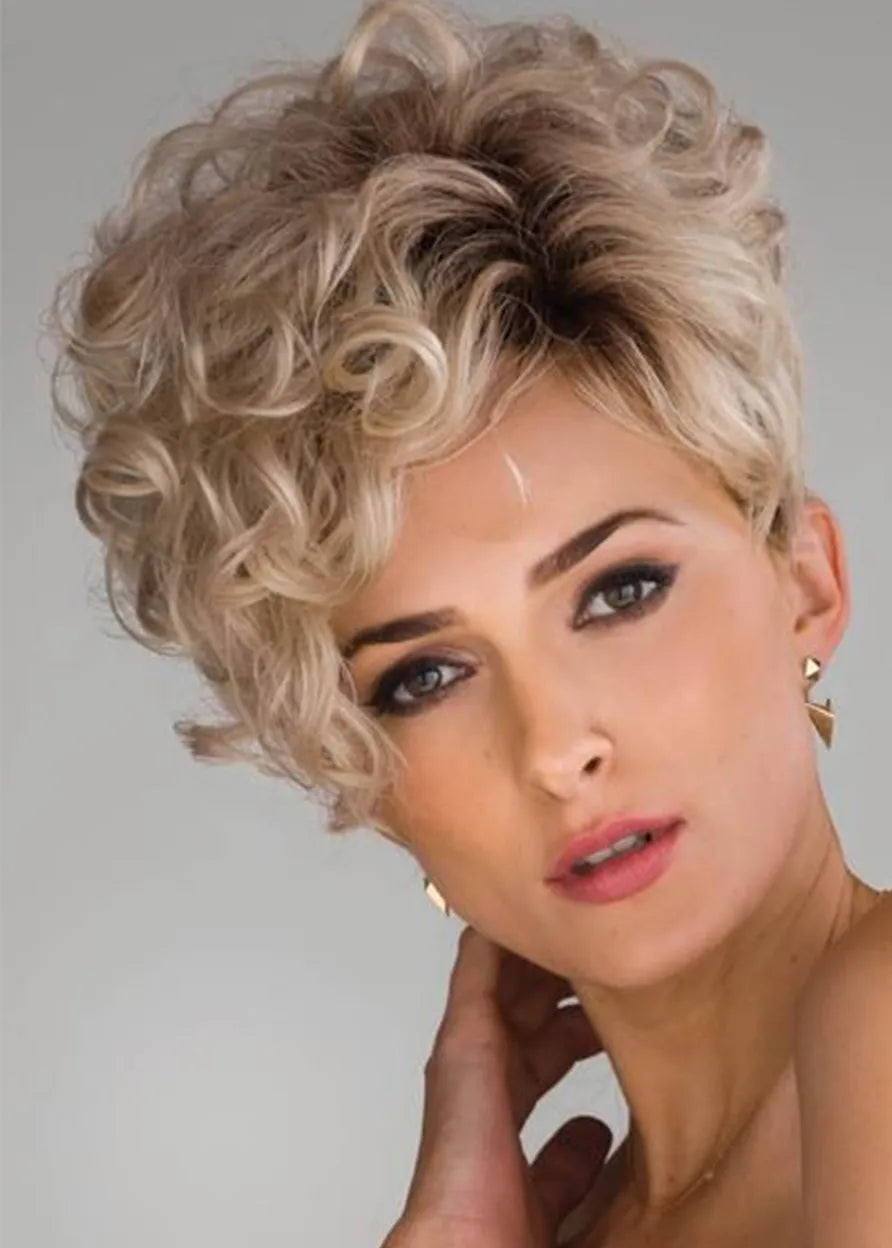 Fashion Women's Short Cut Bangs Curly Hairstyles Synthetic Hair Lace Front Cap Wigs 8Inch