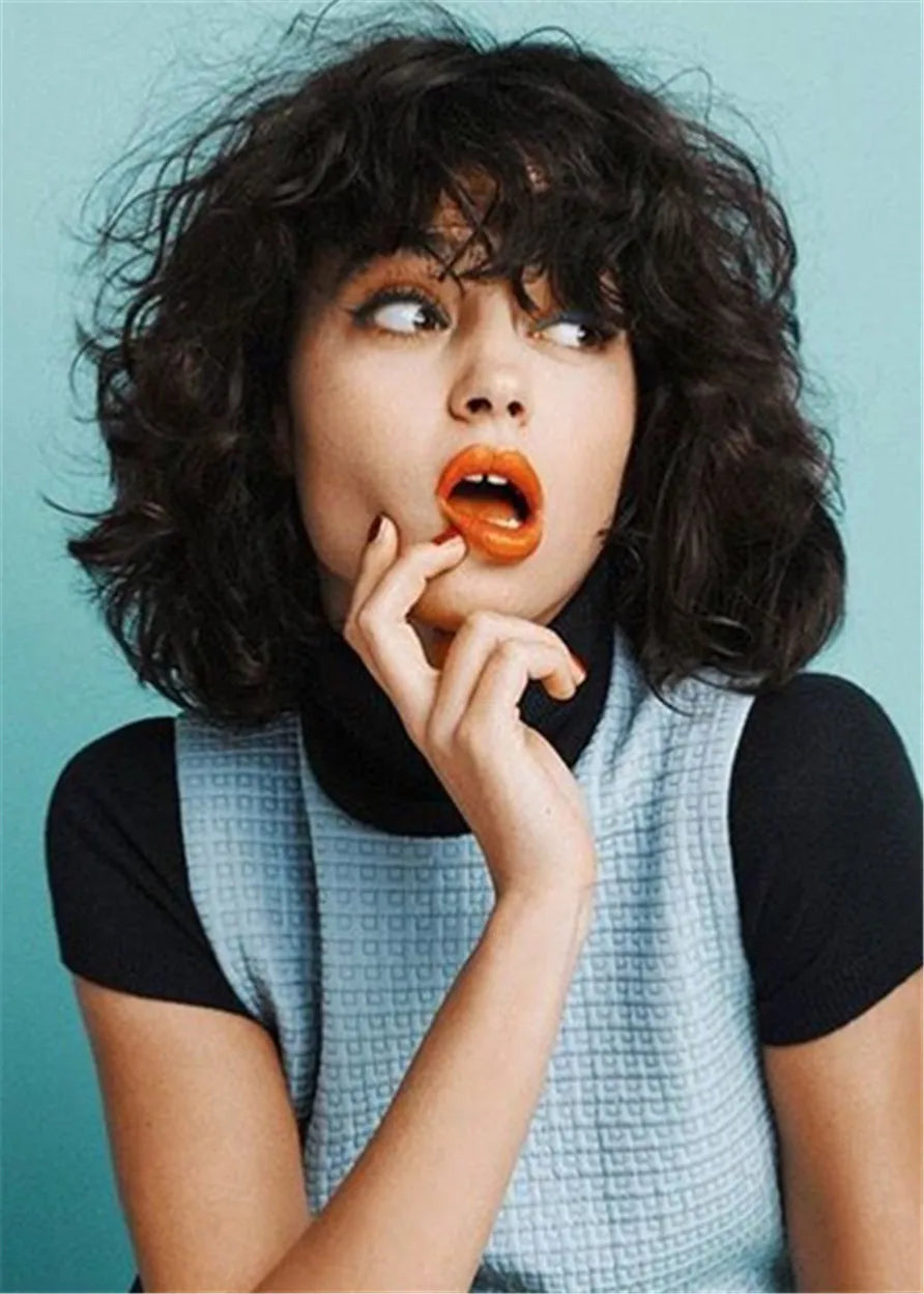 Medium Bob Curly Synthetic Hair With Bangs Women Wig 16 Inches