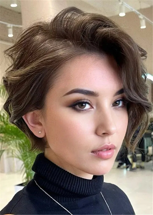 Pretty Short Wavy Hairstyles Medium-Brown Natural Wavy Human Hair Capless 14 Inches
