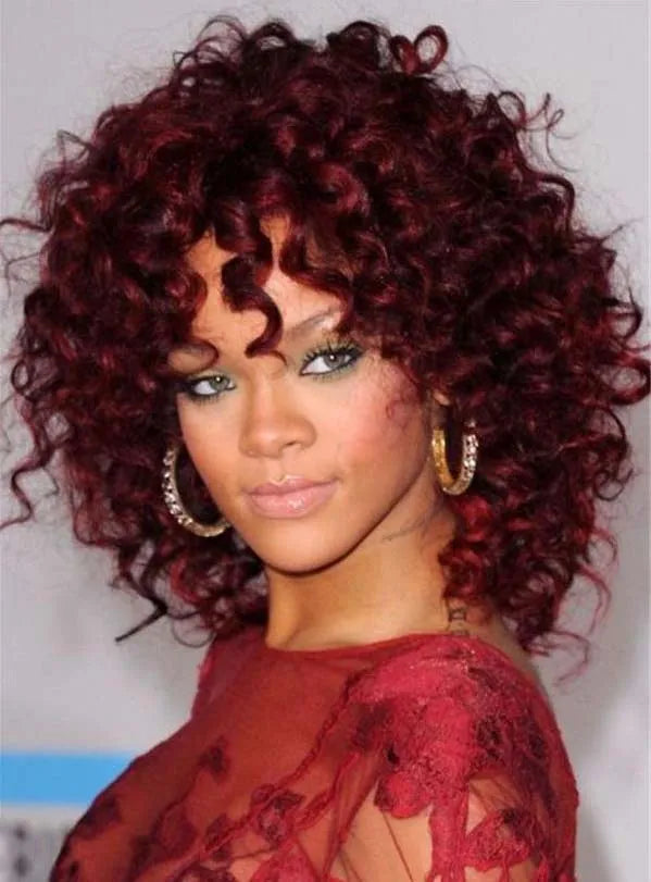 Fashion Rihanna Wine Red Medium Curly Synthetic Hair Wig 14 Inches