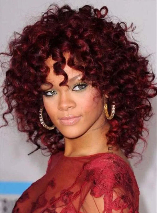 Fashion Rihanna Wine Red Medium Curly Synthetic Hair Wig 14 Inches