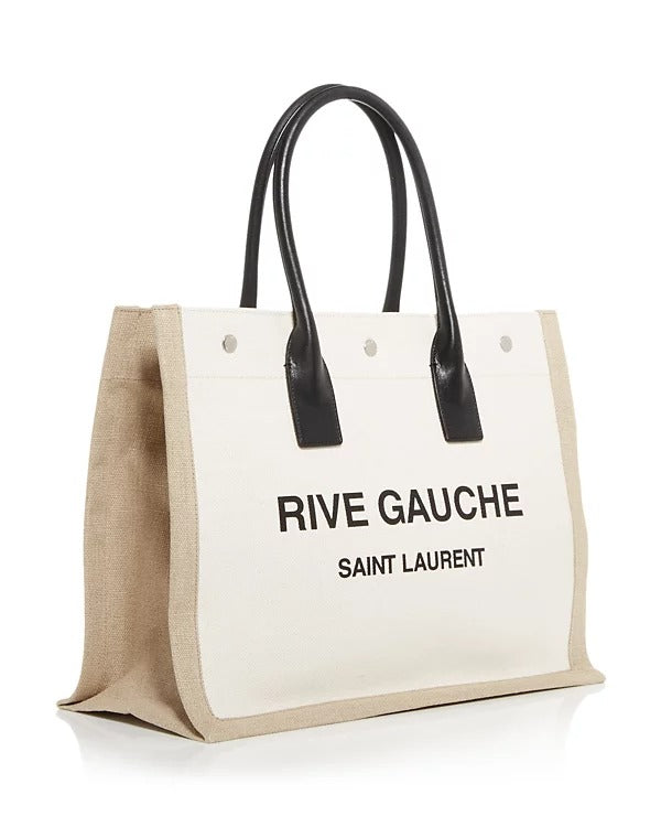 Saint Laurent Paris Rive Gauche Canvas Tote Bag Cotton NOIR ET BLANC 18.8 X 14.1 X 6.2 IN