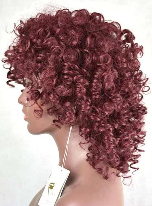 Fashion Rihanna Wine Red Medium Curly Synthetic Hair Wig 14 Inches