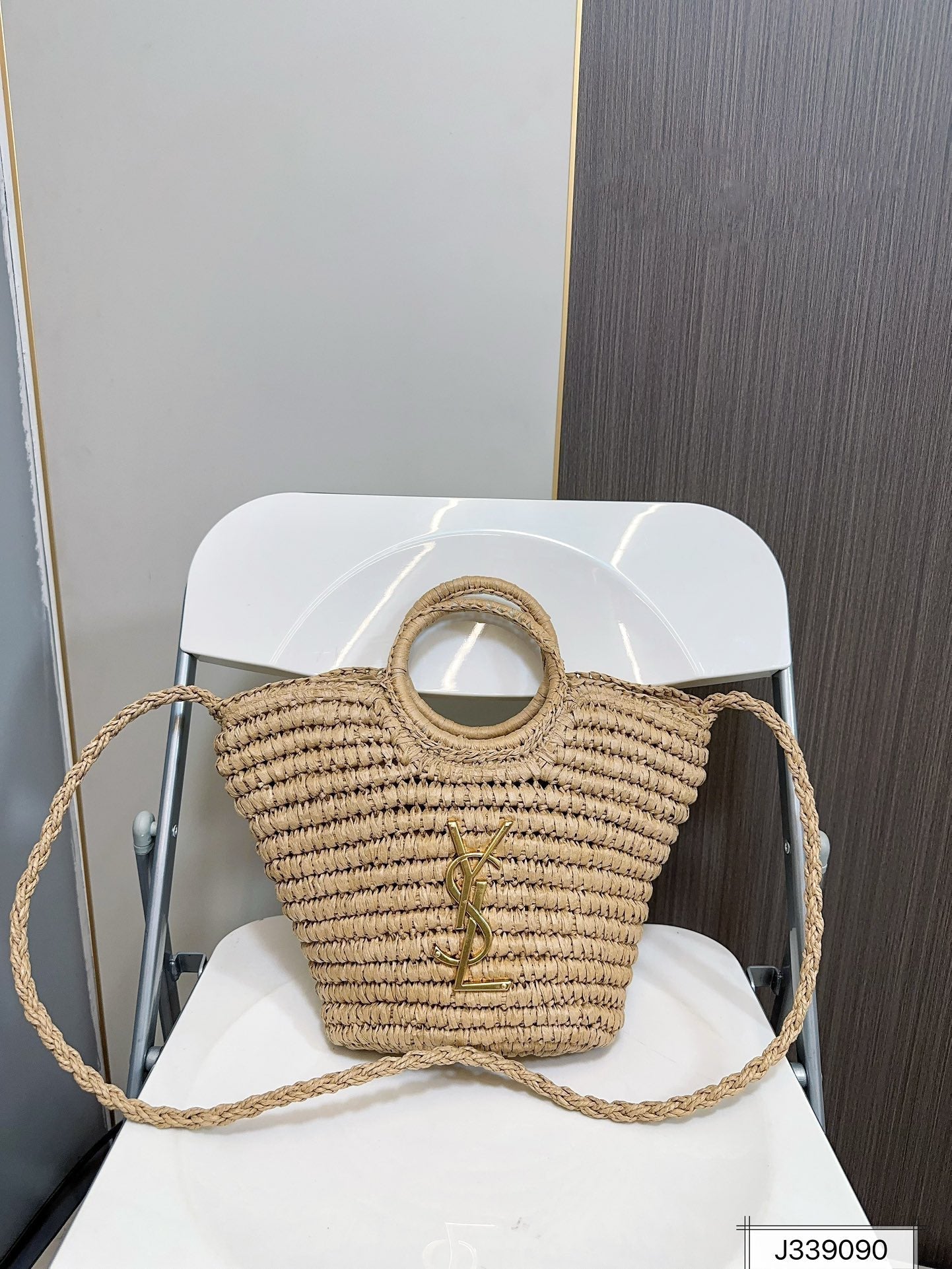 YSL SAINT LAURENT Raffia Woven Tote Bag For Summer Vacation Beach 30x20cm