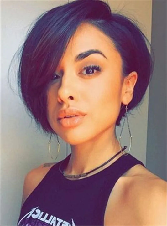 Bob Hairstyle Tilted Fashion Attractive Short Synthetic Hair Straight Capless African American Wigs 10 Inches