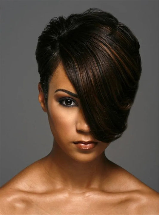 Short One Side Part Straight Layered Boy Cuts Synthetic Hair With Full Bangs Capless African American Women Wigs 8 Inches