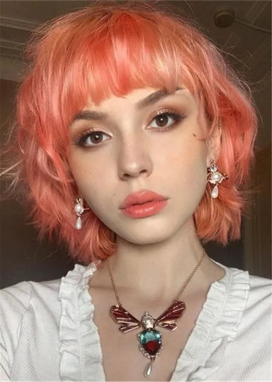 Short Layered Bob Hairstyles Shaggy Synthetic Straight Hair With Bangs 10Inch