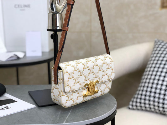 CELINE Triomphe Shoulder Bag In Triomphe Canvas And Calfskin White 20 x 10 x 4 cm