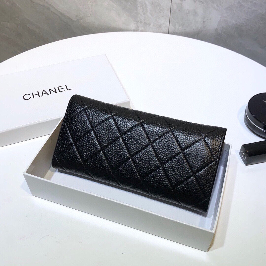 CHANEL Premium Leather Trendy Long Wallet Black 19x10cm