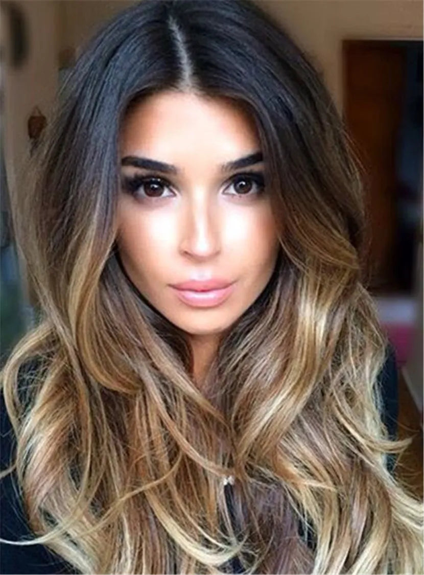 Money Piece Hair Long Wavy Mixed Color At Foot Lace Front Wig Synthetic Hair 24 Inches