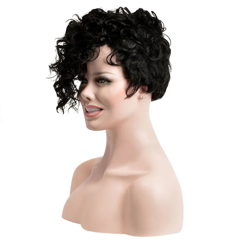 Hot Pixie One Side Part Short Messy Kinky Curly Synthetic Hair With Bangs Capless Cap Wigs 8 Inches