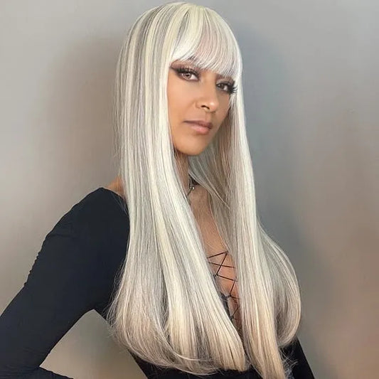 Silvery White Long Hairstyle Natural Straight Synthetic Hair With Bangs 28 Inches