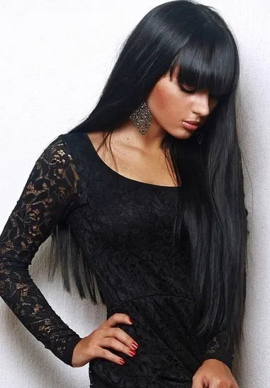 Monofilament 100% Remy Human Hair Long Straight Black Wig 24 Inches