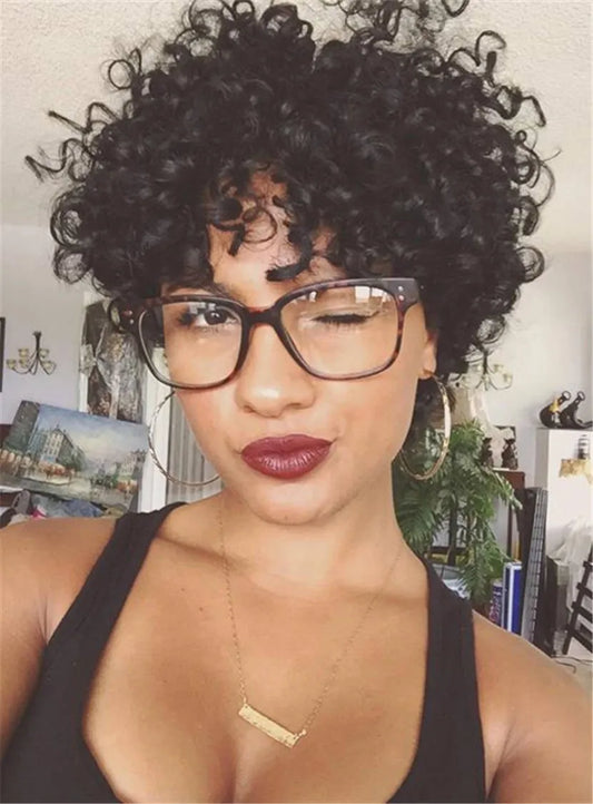 Kinky Curly Pixie Short Tight Coils Synthetic Hair With Bangs Capless Cap Wigs 8 Inches