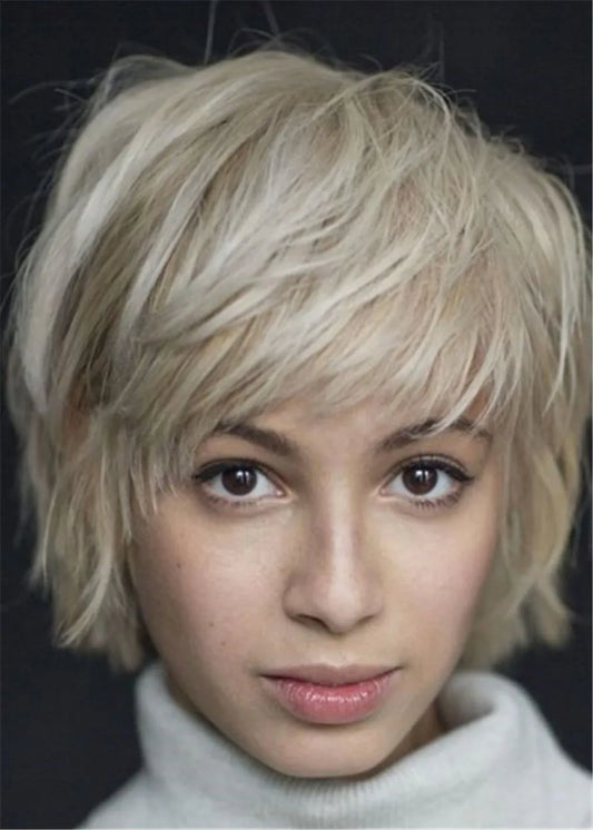 Textured Bob Human Hair Natural Straight With Bangs Women Wigs 12 Inches