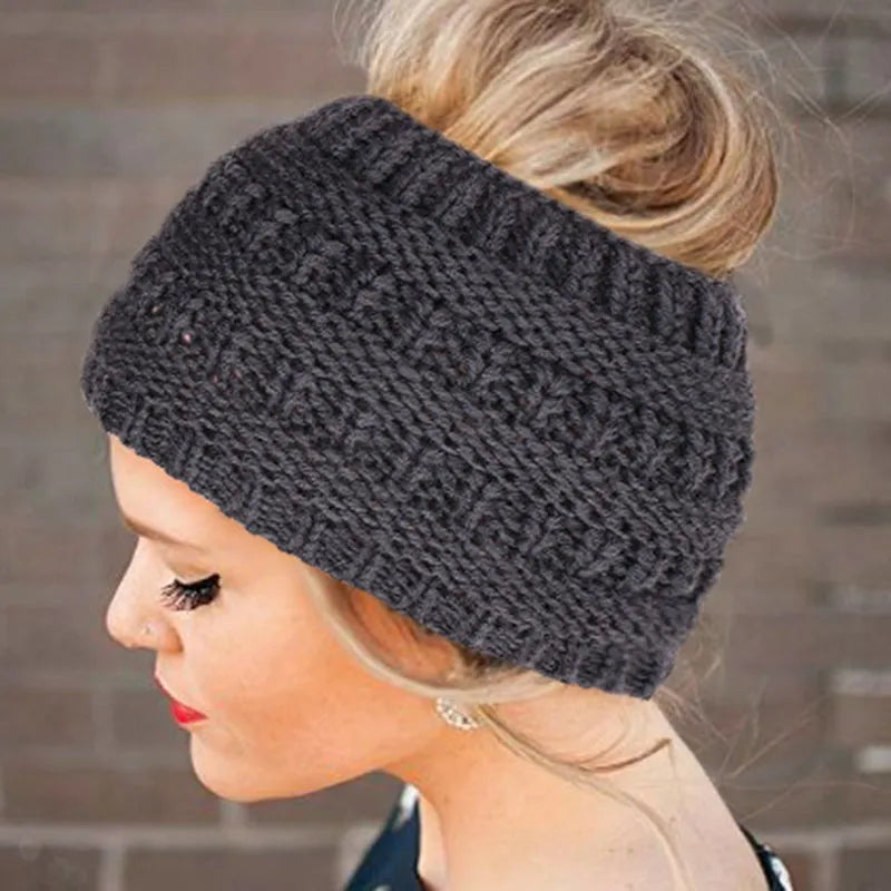Pure Color Knit Ponytail Hat