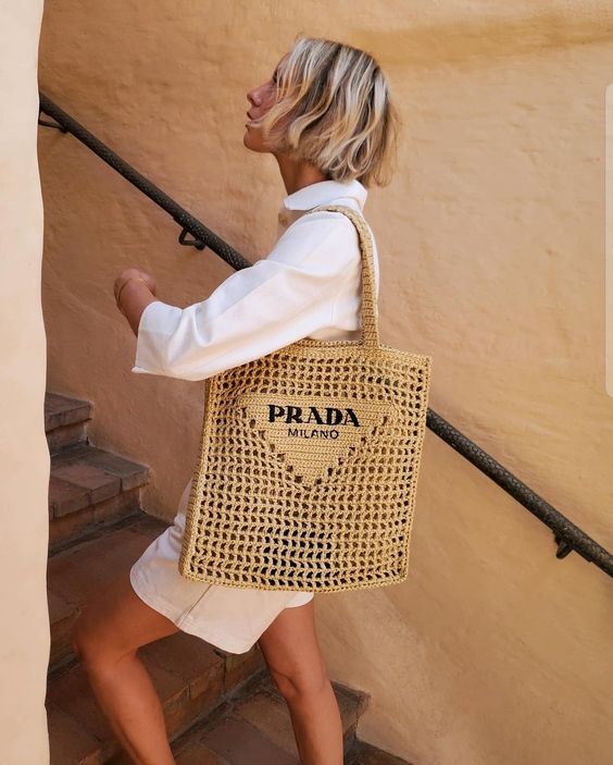 Prada Women's Natural Crochet Tote Bag-Khaki