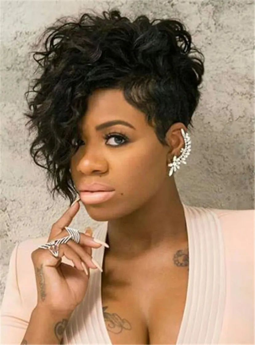 Hot Pixie One Side Part Short Messy Kinky Curly Synthetic Hair With Bangs Capless Cap Wigs 8 Inches