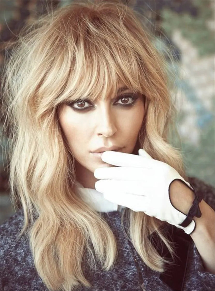 Golden Soft Charming Natural Vintage Fluffy  Low Price Wavy Synthetic Hair Capless Women Wigs 16 Inches