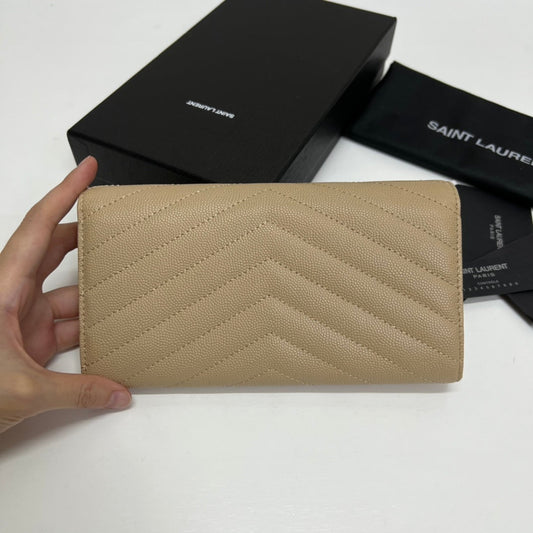 YSL Long Wallet Beige Leather Gold Tone 10772  19cm
