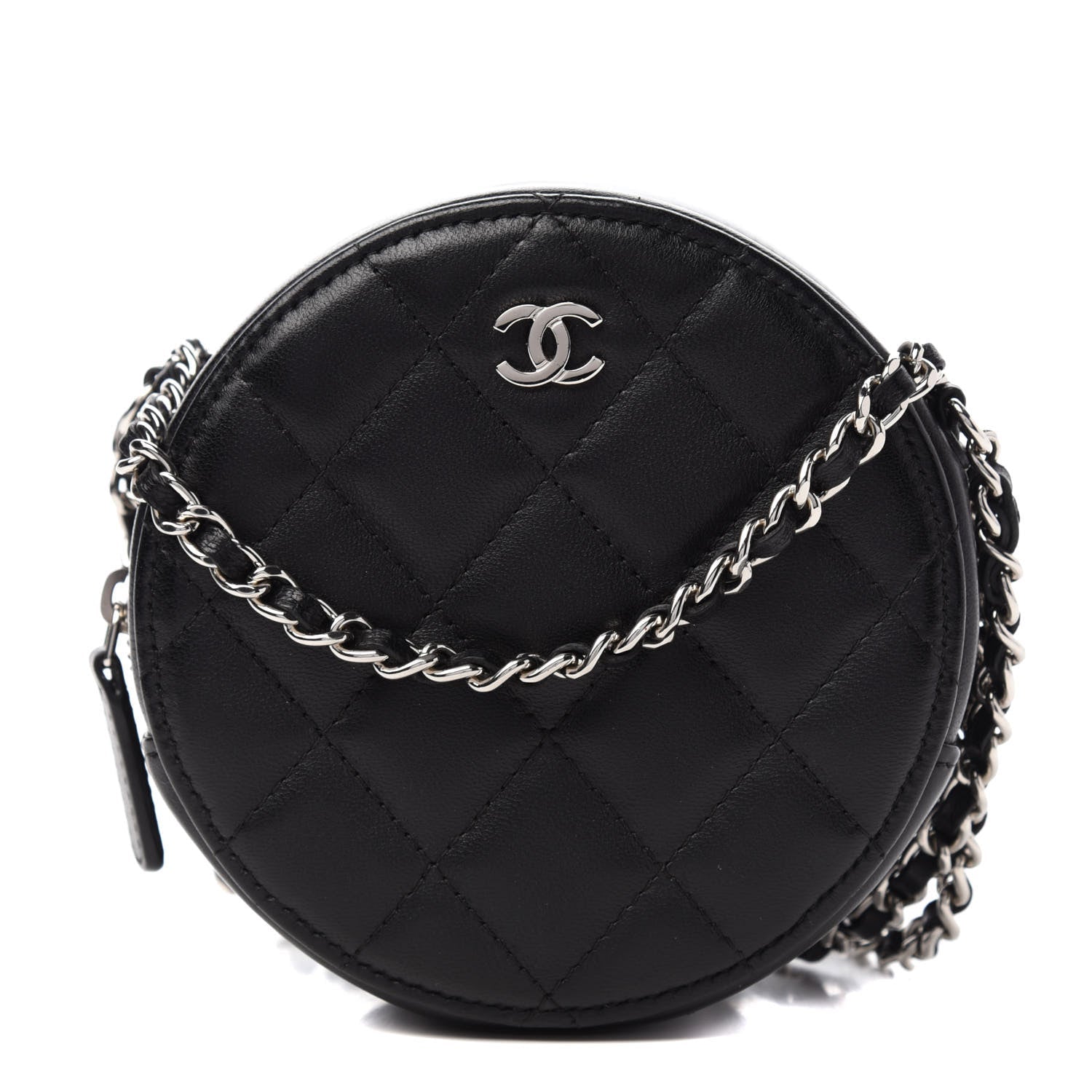 CHANEL Lambskin Quilted Round Clutch With Chain Black
