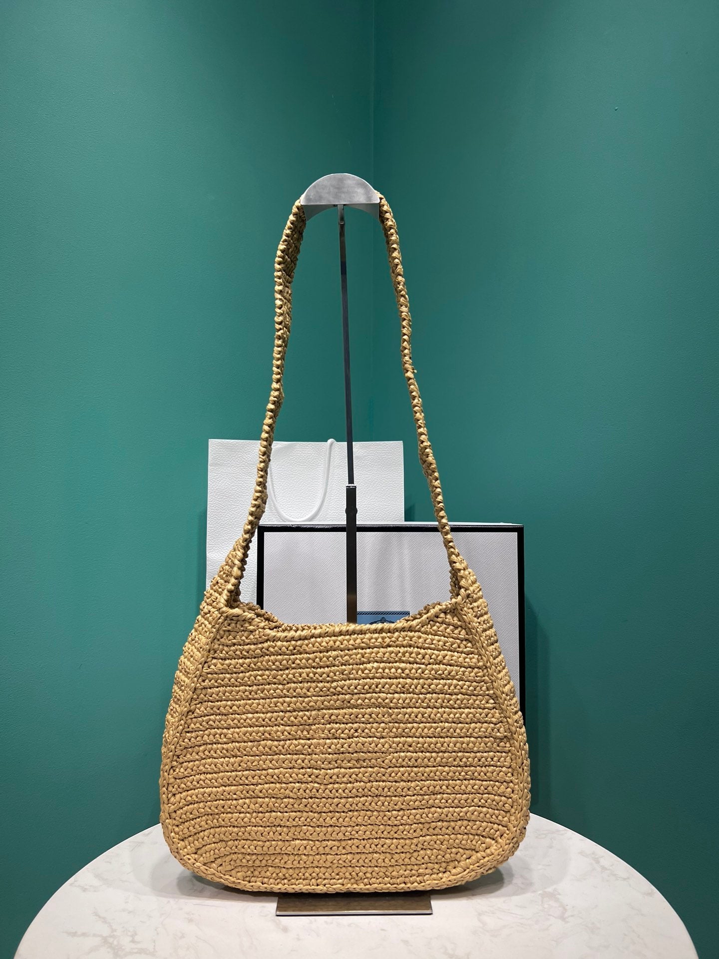Prada Raffia Round Tote - 30x24x4.5cm