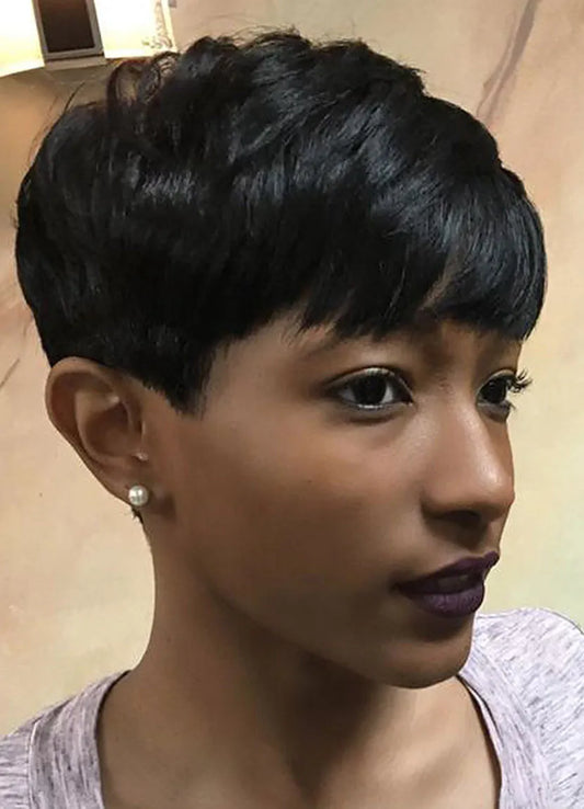 Choppy Pixie Short Straight Layered Cut With Full Bangs Human Hair Capless Wigs 6 Inches