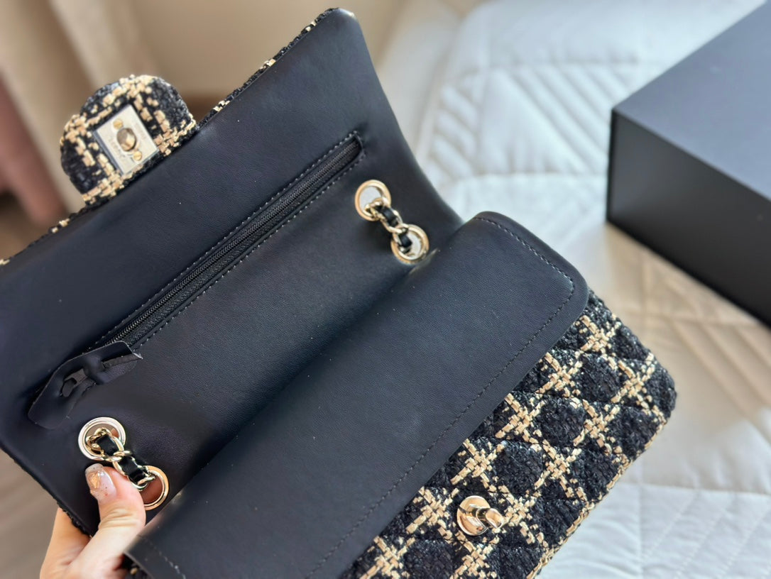 CHANEL Black and Beige Tweed 19 Flap Small Mixed Hardware 10.0 x 6.5 x 3.75 in