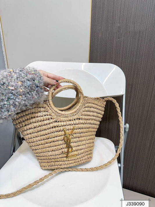 YSL SAINT LAURENT Raffia Woven Tote Bag For Summer Vacation Beach 30x20cm