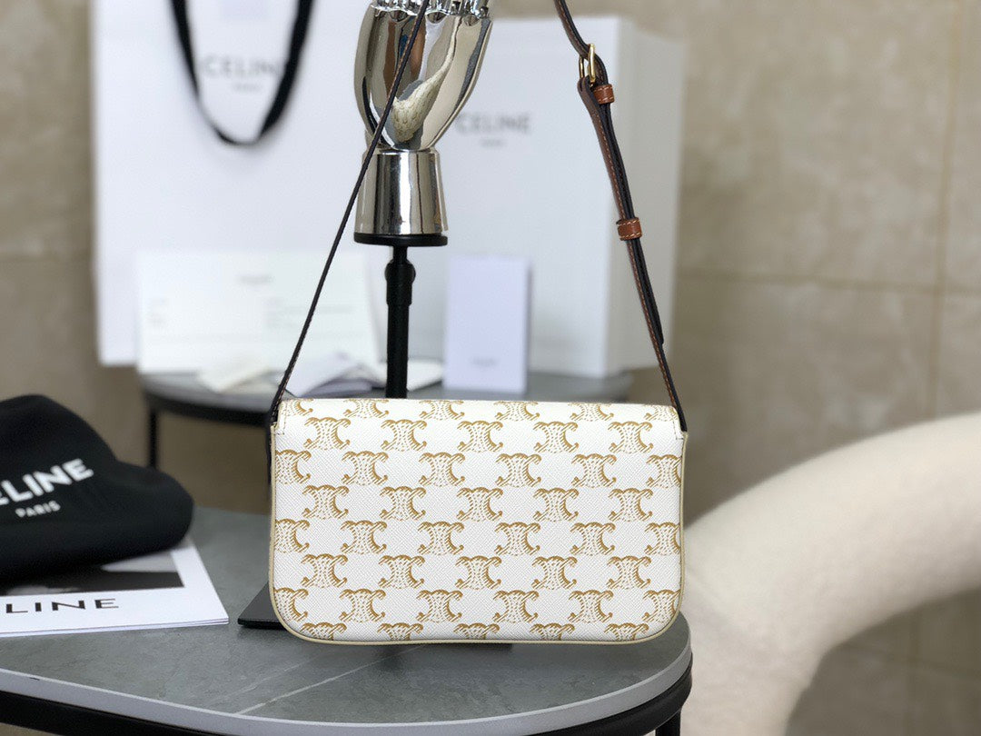 CELINE Triomphe Shoulder Bag In Triomphe Canvas And Calfskin White 20 x 10 x 4 cm
